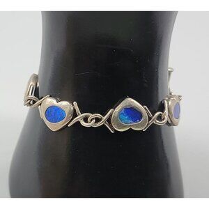 Blue Opal Sterling Silver Hearts &amp; X Links Bracelet Vintage WK 925 China SZ
